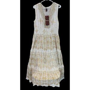 NWT Me 2 Magic Anthropologie Boho Maxi Dress 1X  Gold Metallic Lurex Embroidered